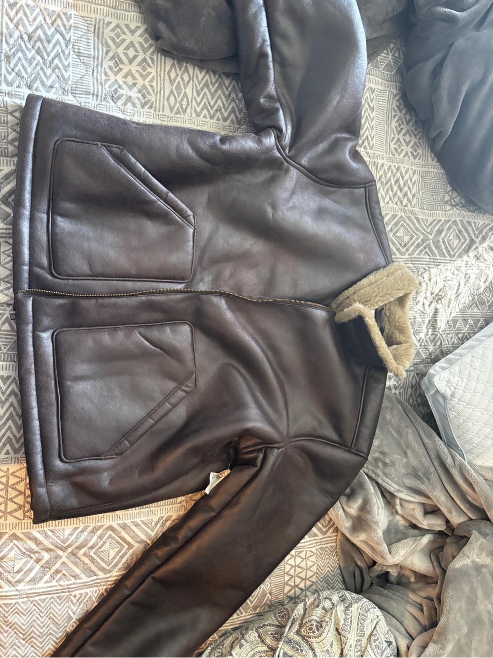 Old navy Men's Brown Shearling-Lined Leather Jacket xxl